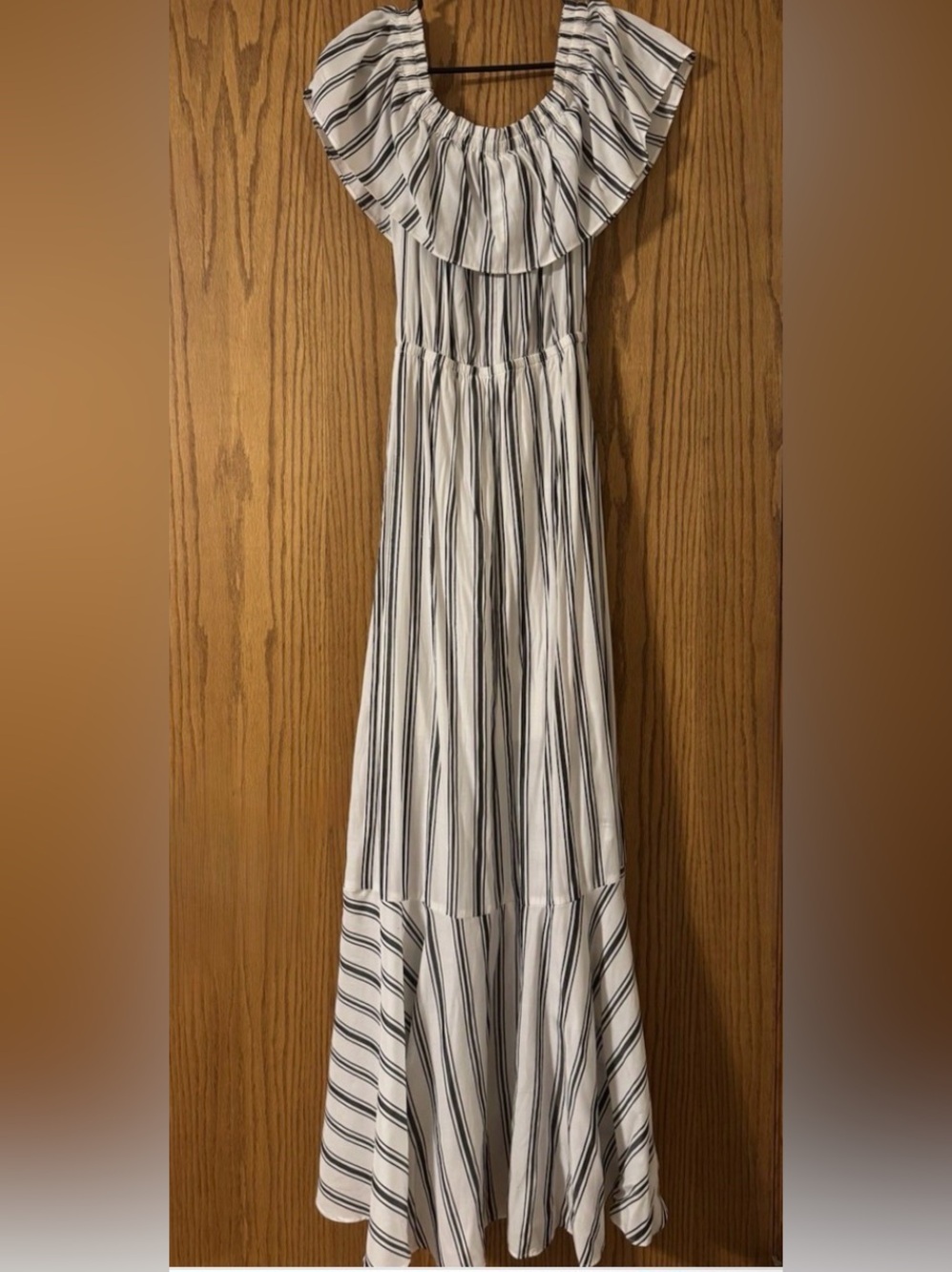 Express Striped Off Shoulder Ruffle High-Low Maxi Dress Small - Picture 8 of 9